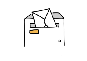 Einfache Zeichnung eines Hausbriefkastens, in dessen Schlitz ein weißer Briefumschlag steckt