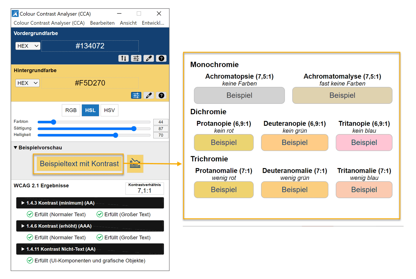 Screenshot des Colour Contrast Analyzers mit Beispielfarben und Screenshot des Farbenblindheitssimulators
