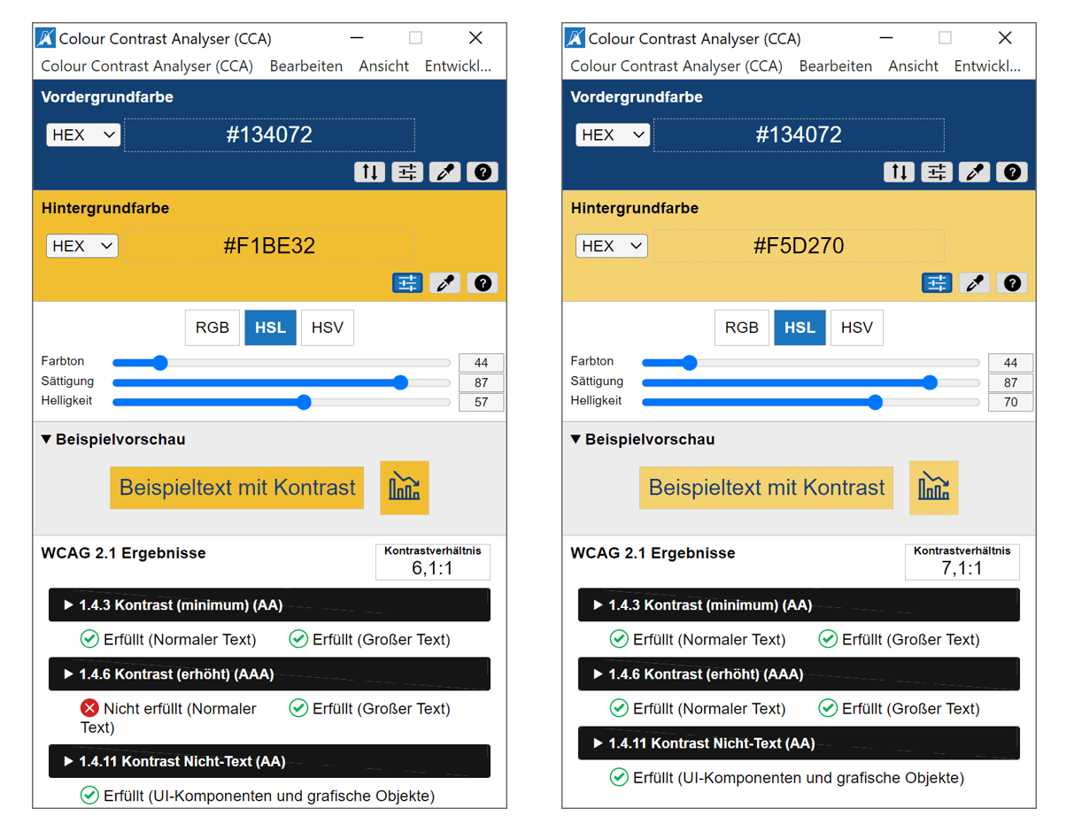 Zwei Screenshots des Colour Contrast Analyzers mit Farben und aufgeklappten Schiebregeln für die Bearbeitung der Hintergrundfarbe. Rechts ist ein höherer Wert bei der Helligkeit eingestellt als links und die Hintergrundfarbe entsprechend heller.