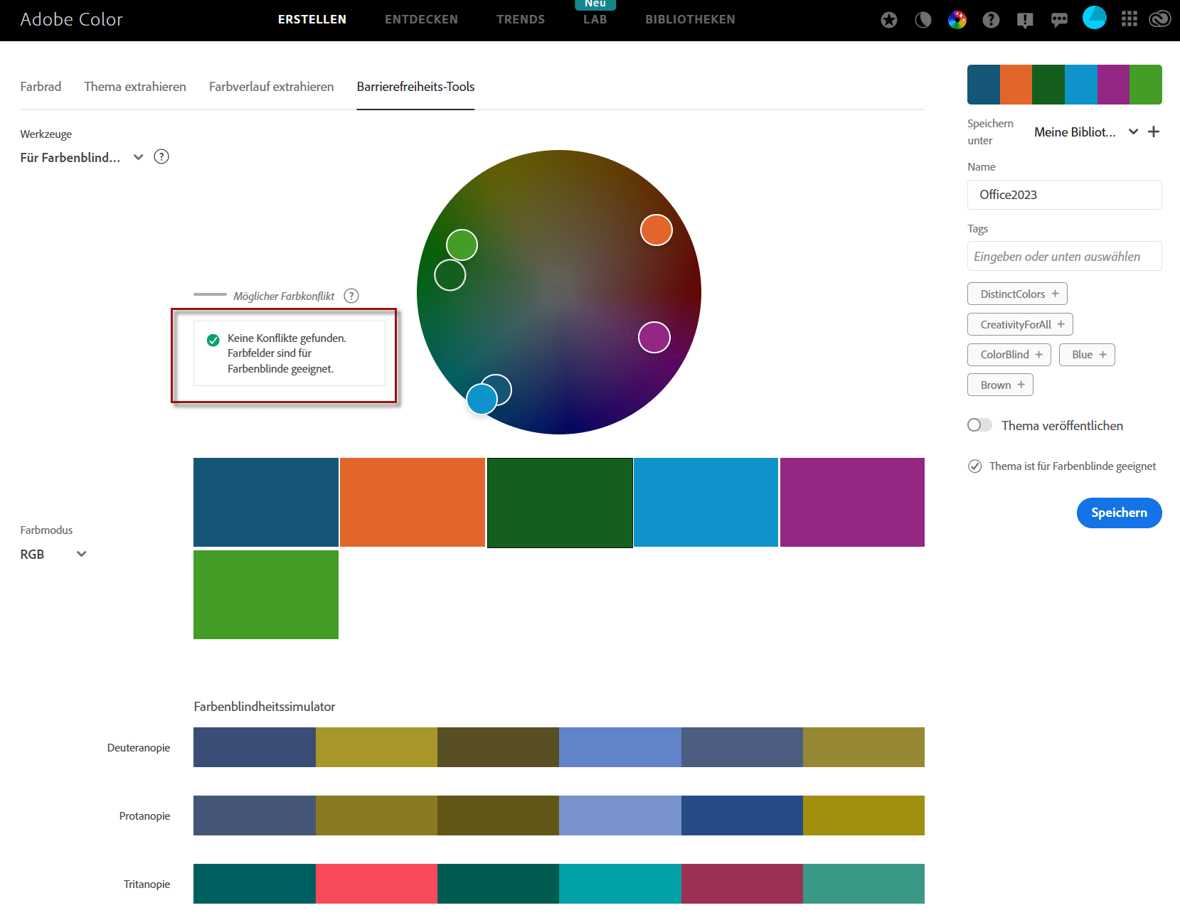 Screenshot des Barrierefreiheits-Tools in Adobe Color, in dem die Prüfergebnisse für die neue Office-Farbpalette angezeigt werden. Markiert ist das Ergebnis: "Keine Konflikte gefunden. Farbfelder sind für Farbenblinde geeignet."