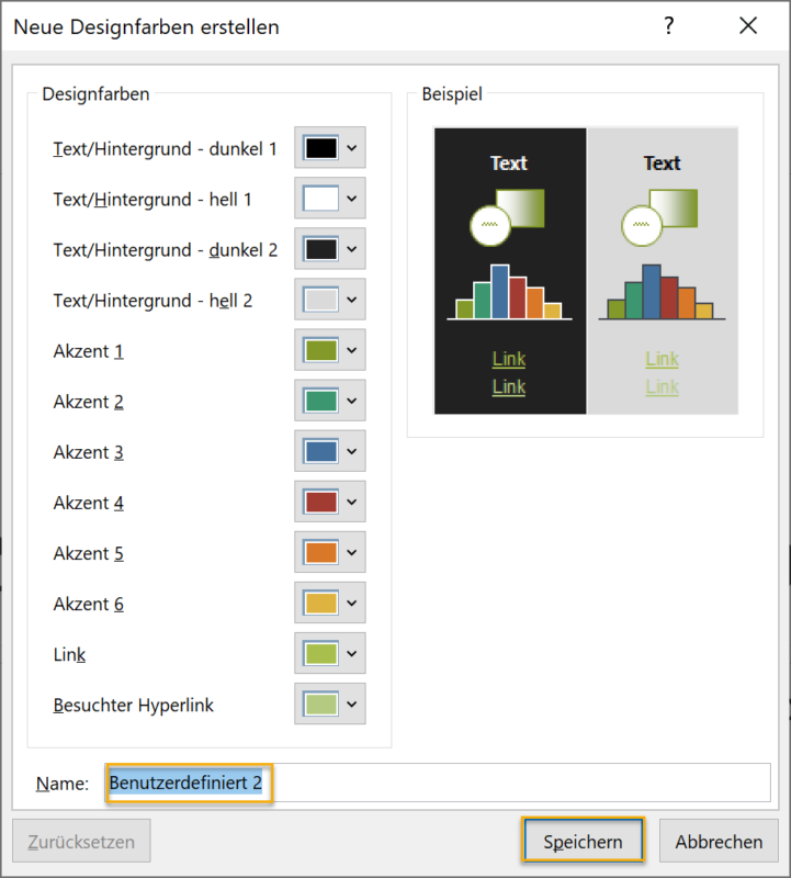 Screenshot PowerPoint: Dialofeld "Neue Designfarben erstellen", markiert ist ganz unten im Dialogfeld der Text im Freitextfeld "Name".