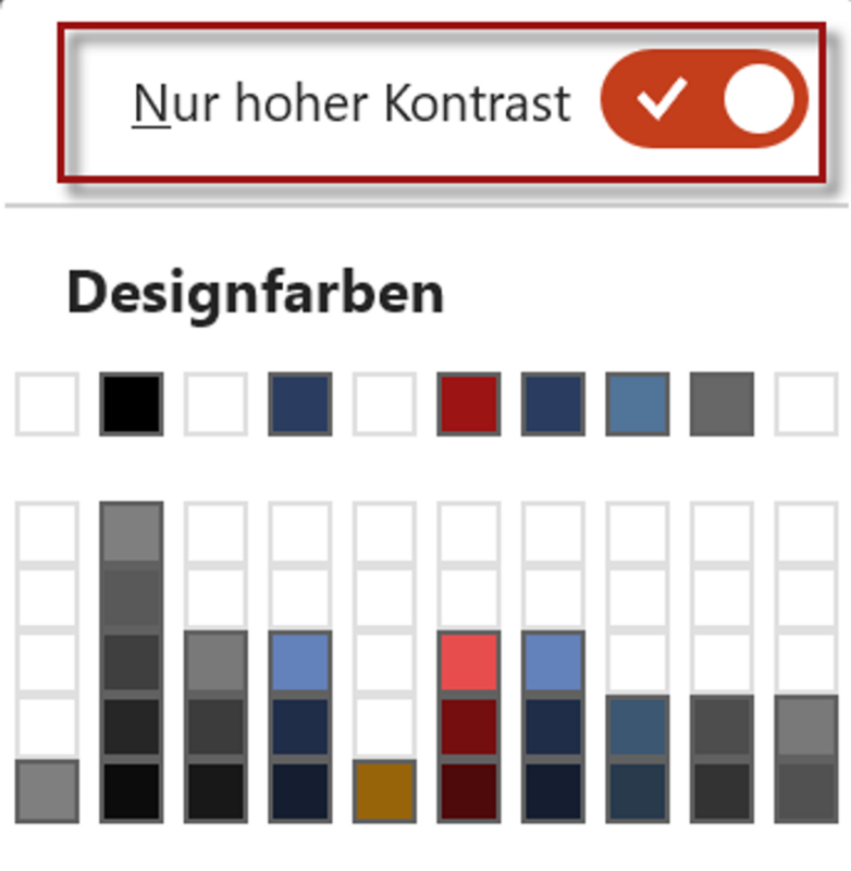 Screenshot PowerPoint: Ausschnitt eines Farbmenüs mit einer Designfarbpalette und der aktivierten Funktion "Nur hoher Kontrast". Ein Teil der Farbfelder der Designfarbpalette werden deshalb nicht angezeigt.
