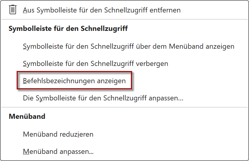 Screenshot des erwähnten Menüs mit dem markierten Punkt "Befehlsbezeichnungen anzeigen"