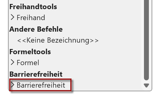 Screenshot des unteren Teils der Liste mit den Registerkarten für Tools. Markiert ist der Punkt "Barrierefreiheit" unter der fetten Überschrift "Barrierefreiheit".