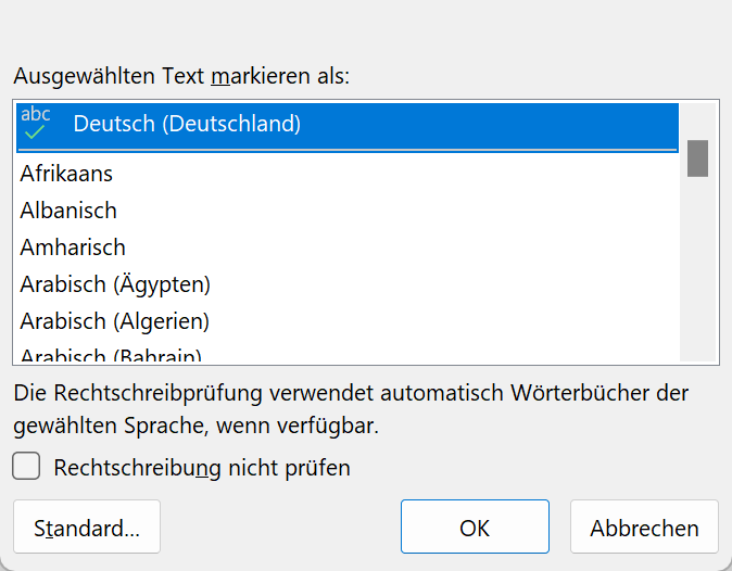 Screenshot des Dialogfelds "Sprache", in dem dem ausgewählten Text eine Sprache zugewiesen werden kann