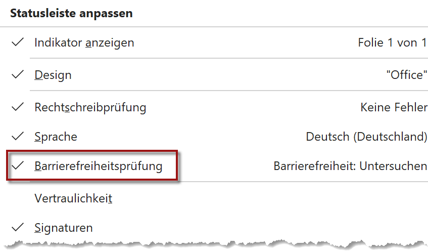 Screenshot des erwähnten Menüs mit dem markierten Punkt "Barrierefreiheitsprüfung".