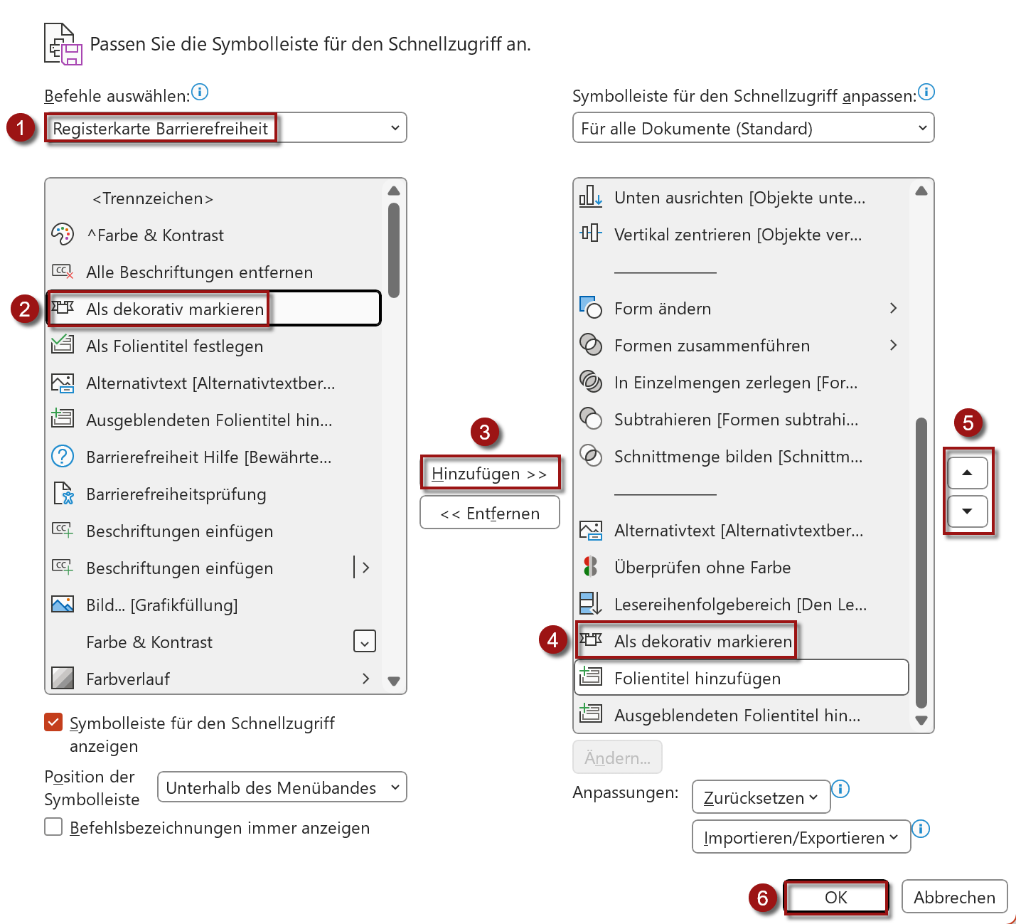 Screenshot, der sechs Schritte aus der nummerierten Liste visualisiert