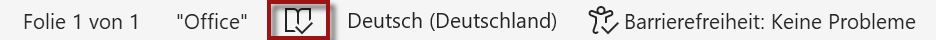 Screenshot der Statuszeile mit markiertem Buch-Icon zwischen der Schaltfläche "Deutsch (Deutschland)" und dem Wort "Office".