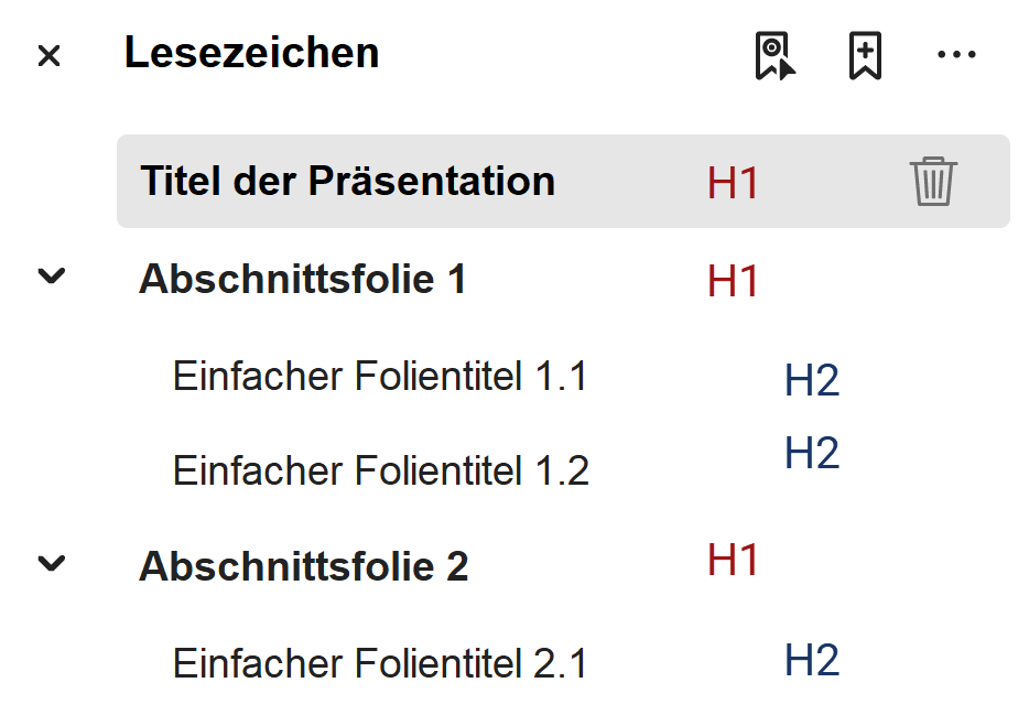 Screenshot mit sechs Lesezeichen, die mit einem Überschriftenstruktur wie folgt gekennzeichnet sind:
Titel der Präsentation: H1
Abschnittsfolie 1: H1
Einfacher Folientitel 1.1: H2
Einfacher Folientitel 1.2: H2
Abschnittsfolie 2: H1
Einfacher Folientitel 2.1: H2

Alle H1-Überschriften sind fett und liegen auf der ersten und alle H2-Überschriften liegen auf der zweiten Ebene.