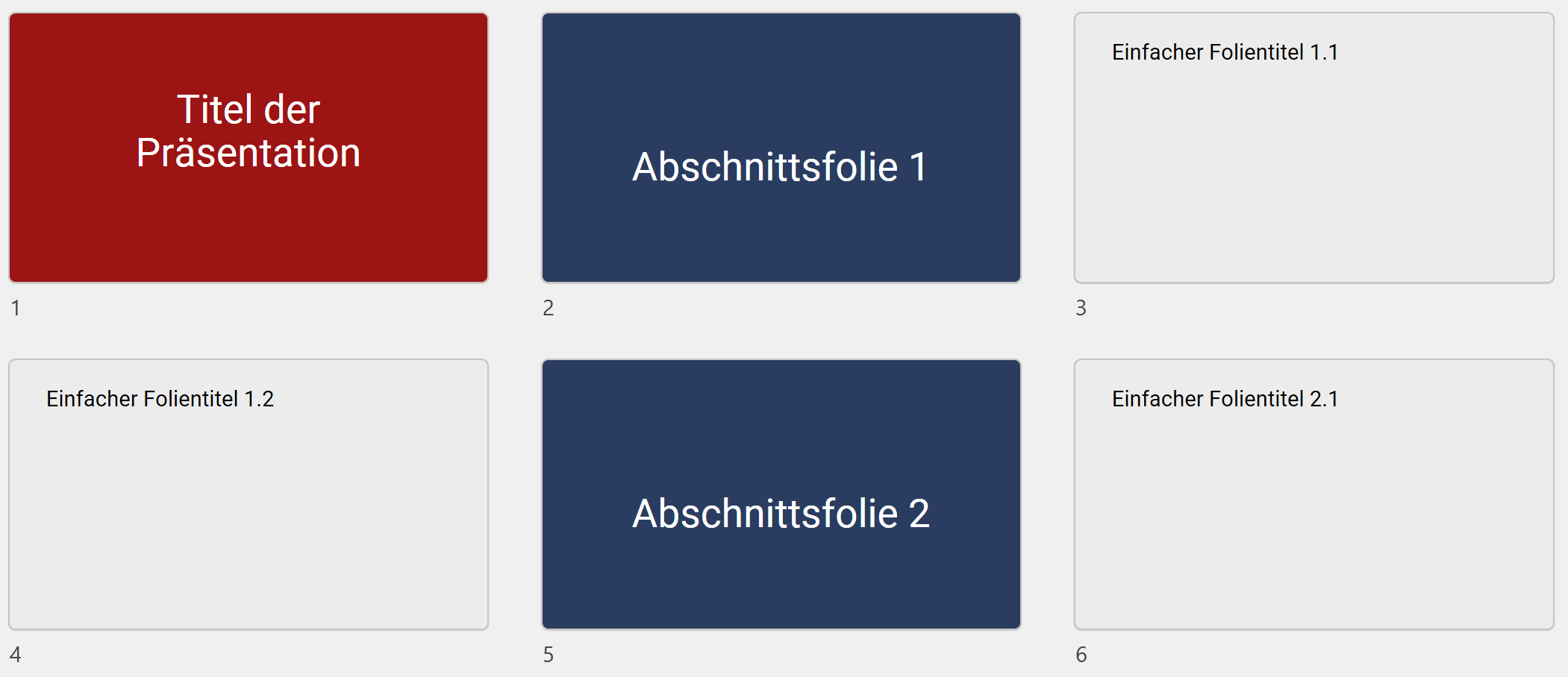 Screenshot von sechs Folien in der Foliensortierungsansicht in PowerPoint. Die erste Folie ist rot und hat den Titel "Titel der Präsentation", es folgt eine blaue Folie mit dem Titel "Abschnittsfolie 1", auf die wiederum zwei graue Folien mit "einfachen Folientiteln" folgen. Dann kommt erneut eine blaue Abschnittsfolie 2 und ein graue Folie mit "einfachem Folientitel".