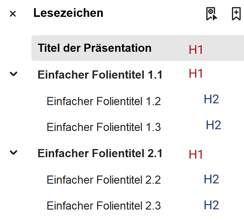 Screenshot mit 7 Lesezeichen und den dazugehörigen Überschriften-Strukturtags:
Titel der Präsentation: H1
Einfacher Folientitel 1.1: H1
Einfacher Folientitel 1.2: H2
Einfacher Folientitel 1.3: H2
Einfacher Folientitel 2.1: H1
Einfacher Folientitel 2.2: H2
Einfacher Folientitel 2.3: H2

Alle H1-Lesezeichen sind fett und liegen auf der ersten Ebene. Die H2-Überschriften liegen auf der zweiten Ebene.