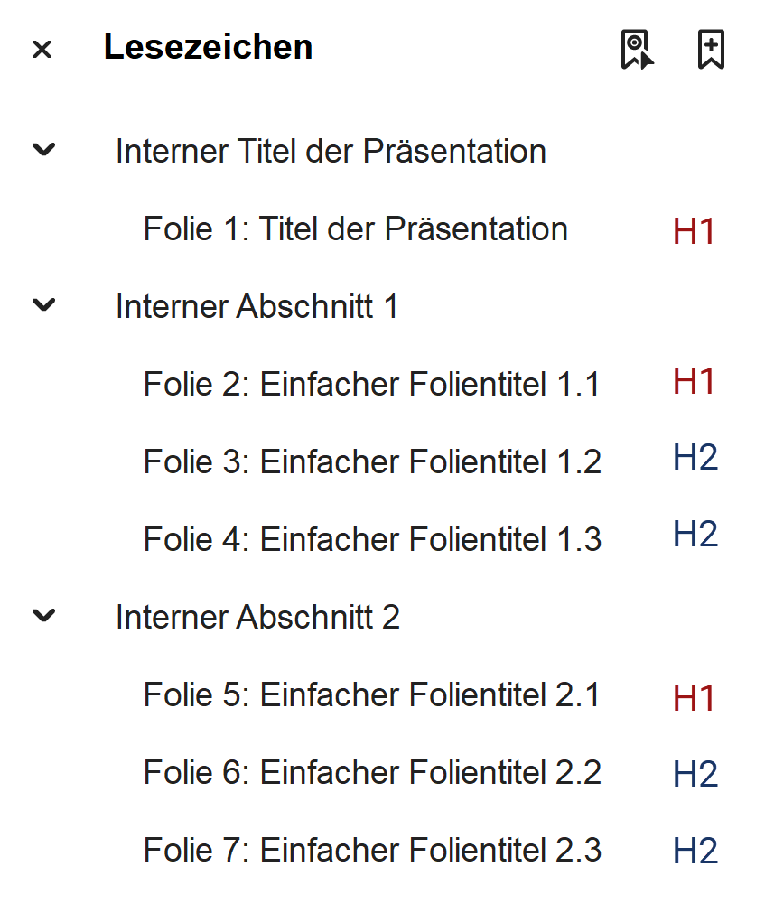 Screenshot mit 9 Lesezeichen und diesen zugeordneten Überschriften-Strukturtags:
Die Lesezeichen für die Internen Abschnitte liegen auf ersten Ebene und haben keinen Strukturtag. Alle anderen Lesezeichen liegen auf der zweiten Ebene. Dem ersten Lesezeichen im Abschnitt ist jeweils ein H1-Tag zugeordnet. Diesem folgen bei den internen Abschnitten 1 und 2 jeweils zwei Lesezeichen mit H2-Tag. Damit stehen bei diesen Abschnitten drei Folien mit "einfachem Folientitel" untereinander, die nicht den gleichen Überschriftentag haben.