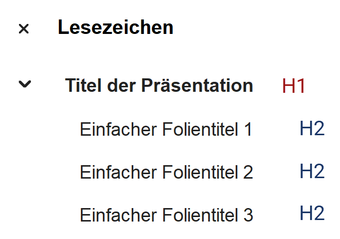 Screenshot mit vier Lesezeichen. Das erste Lesezeichen ist fett, liegt auf der ersten Ebene und ist als H1 gekennzeichnet, die anderen Lesezeichen mit den einfachen Folientiteln liegen auf der 2. Ebene und sind als H2 gekennzeichnet.