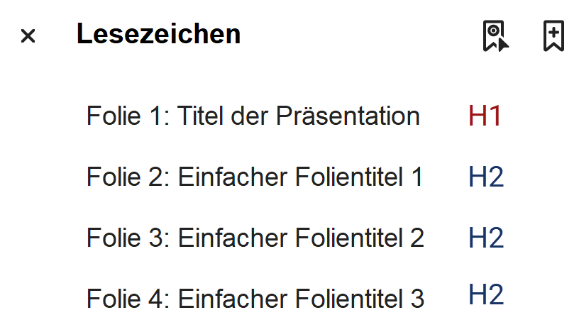 Screenshot mit vier Lesezeichen:
Alle Lesezeichen liegen auf einer Ebene und beginnen jeweils mit dem der Foliennummer. Dahinter steht der Folientitel. Das erste Lesezeichen ist als H1, die übrigen sind als H2 gekennzeichnet.